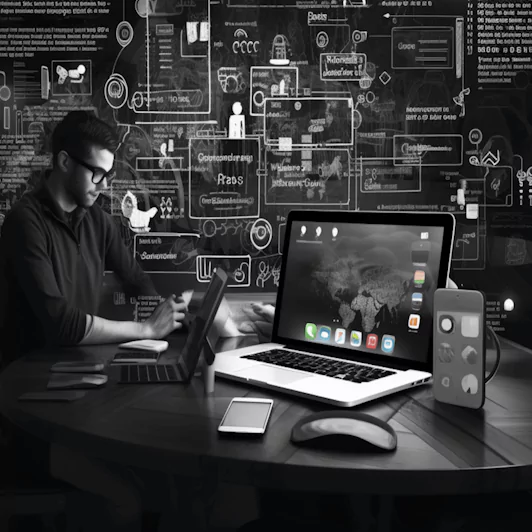 A dynamic collage showing code snippets, mobile devices displaying attractive apps, and developers in a state of focused collaboration.