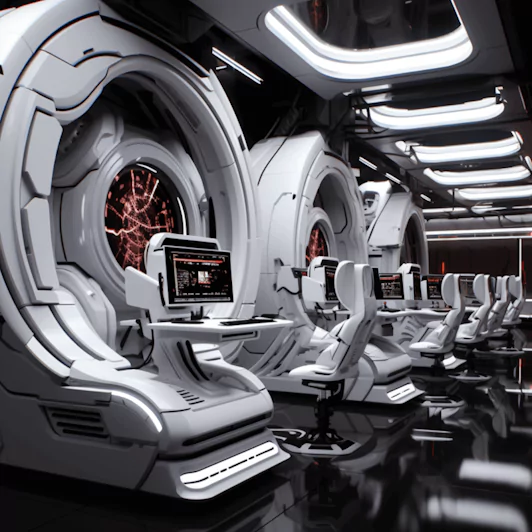 Futuristic gadgets and immersive technology setups indicating a high-tech, innovative environment.