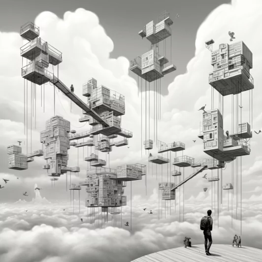 An uplifting scene with technology elevating platforms towards the sky, symbolizing growth and elevation.